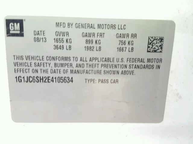 1G1JC6SH2E4105634 - 2014 CHEVROLET SONIC LT WHITE photo 10