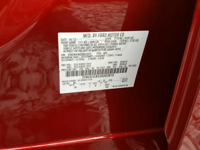 2FMGK5C8XDBD02810 - 2013 FORD FLEX SEL RED photo 10