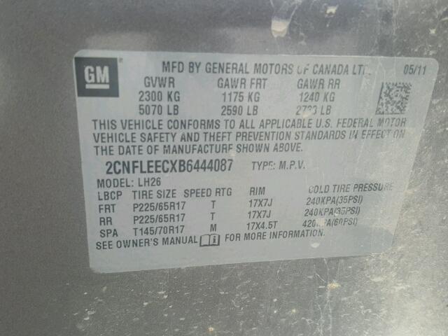 2CNFLEECXB6444087 - 2011 CHEVROLET EQUINOX LT GRAY photo 10