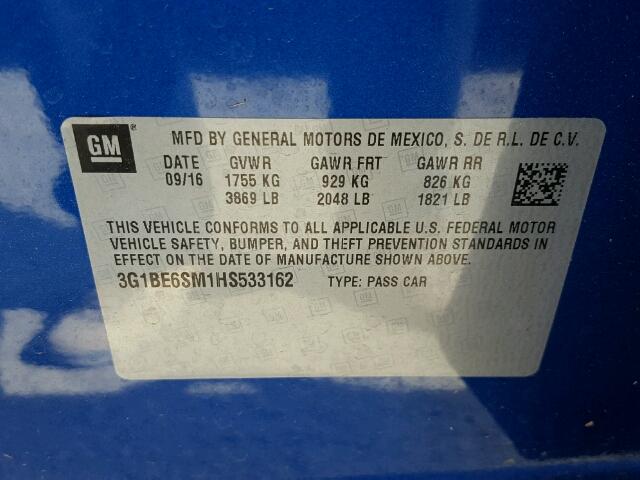 3G1BE6SM1HS533162 - 2017 CHEVROLET CRUZE LT BLUE photo 10