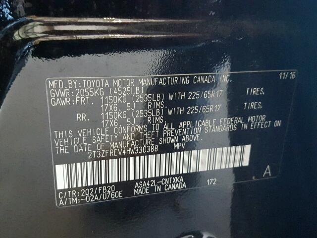 2T3ZFREV4HW330388 - 2017 TOYOTA RAV4 黑色 照片 10