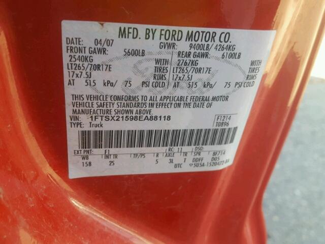 1FTSX21598EA88118 - 2008 FORD F250 SUPER RED photo 10
