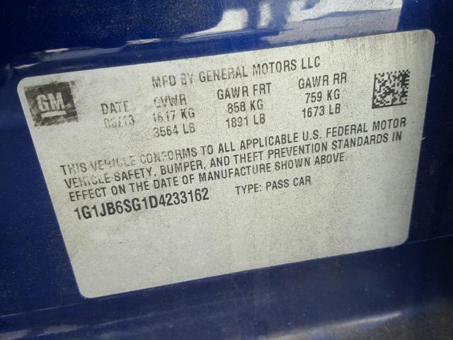 1G1JB6SG1D4233162 - 2013 CHEVROLET SONIC LS BLUE photo 10