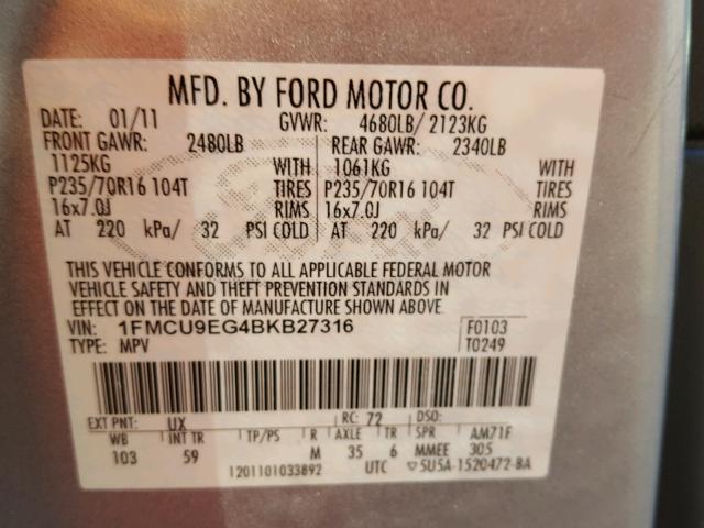 1FMCU9EG4BKB27316 - 2011 FORD ESCAPE WHITE photo 10