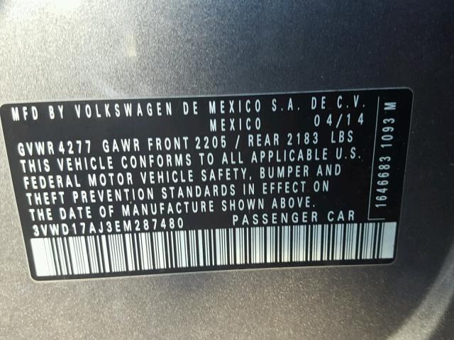 3VWD17AJ3EM287480 - 2014 VOLKSWAGEN JETTA SE Գրաֆիտ լուսանկար 10