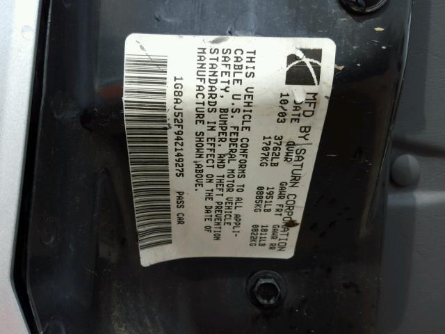1G8AJ52F94Z149275 - 2004 SATURN ION LEVEL SILVER photo 10