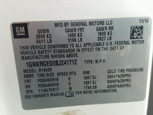 1GNKRGED0BJ241712 - 2011 CHEVROLET TRAVERSE L WHITE photo 10