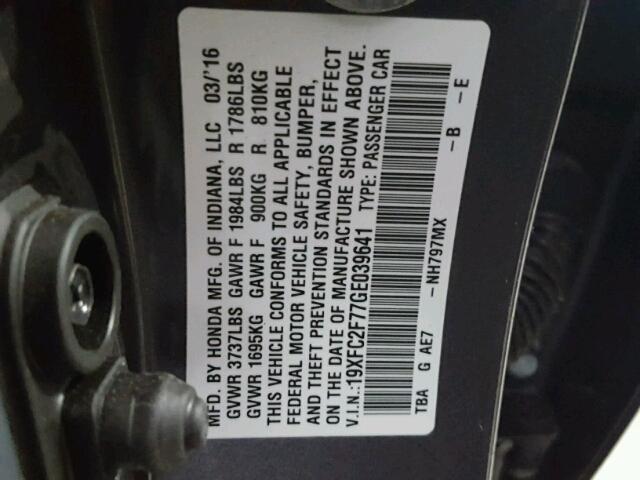 19XFC2F77GE039641 - 2016 HONDA CIVIC EX 黑色 照片 10