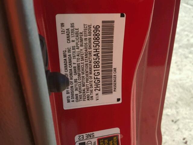 2HGFG1B85AH508896 - 2010 HONDA CIVIC EX წითელი ფოტო 10