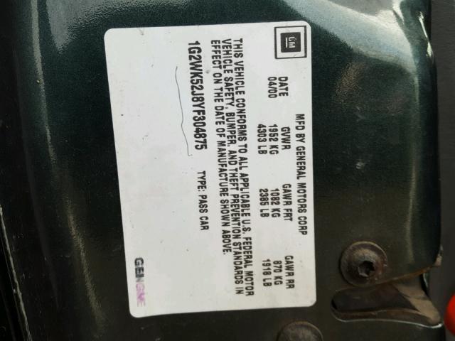 1G2WK52J8YF304875 - 2000 PONTIAC GRAND PRIX GREEN photo 10