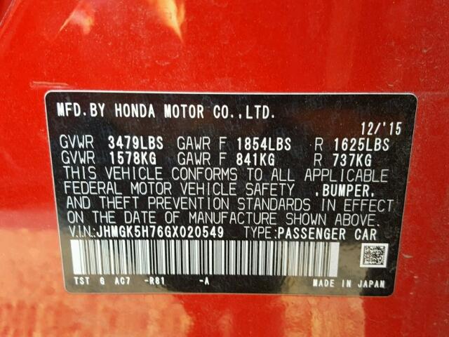 JHMGK5H76GX020549 - 2016 HONDA FIT EX RED photo 10