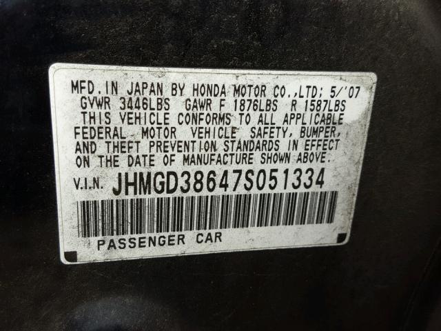 JHMGD38647S051334 - 2007 HONDA FIT S BLACK photo 10