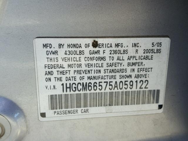 1HGCM66575A059122 - 2005 HONDA ACCORD EX SILVER photo 10