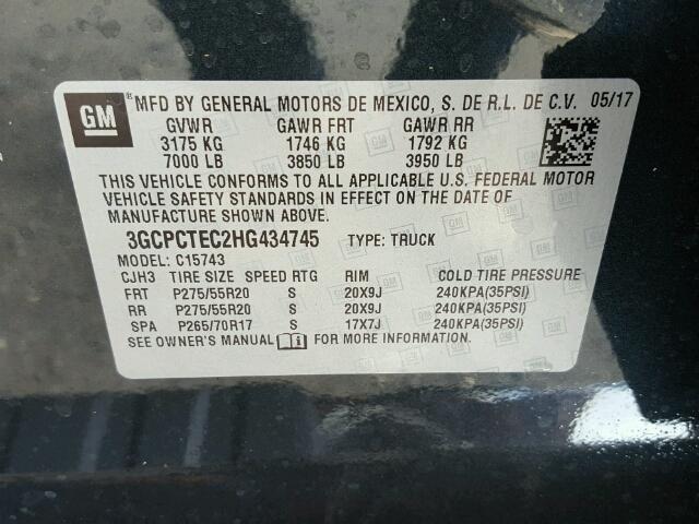 3GCPCTEC2HG434745 - 2017 CHEVROLET SILVERADO CHARCOAL photo 10