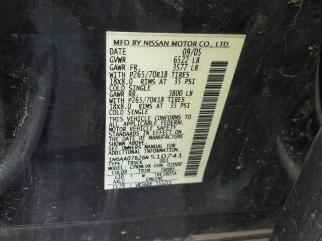 1N6AA07B26N510741 - 2006 NISSAN TITAN XE BLACK photo 10