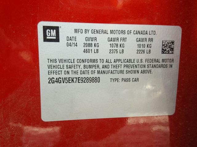 2G4GV5EK7E9289880 - 2014 BUICK REGAL RED photo 10