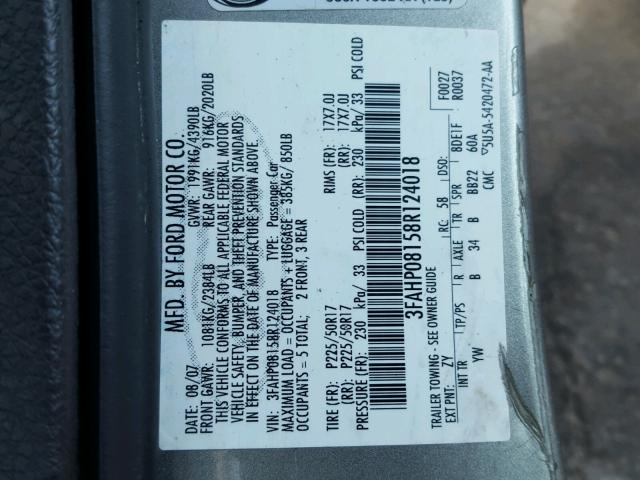 3FAHP08158R124018 - 2008 FORD FUSION GRAY photo 10