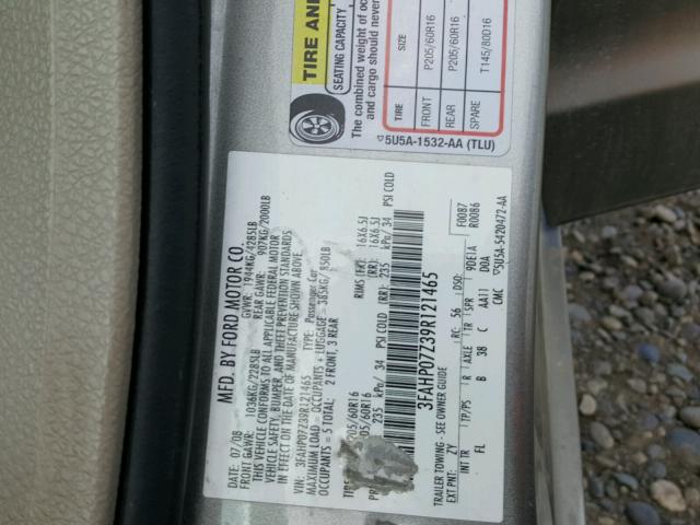 3FAHP07Z39R121465 - 2009 FORD FUSION SE SILVER photo 10