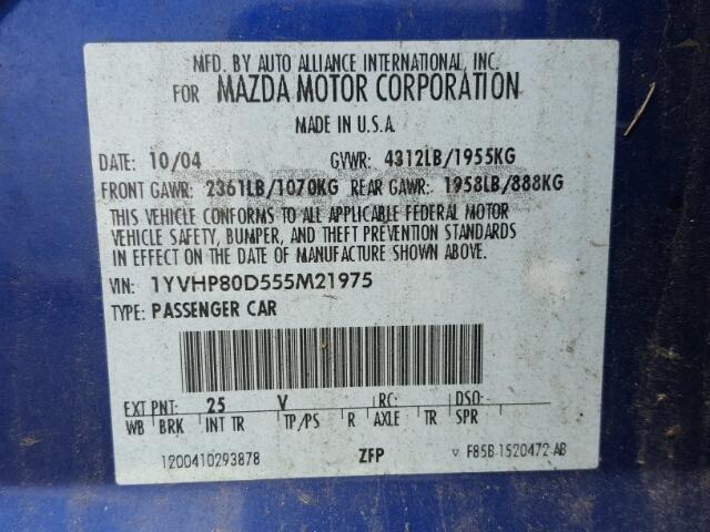 1YVHP80D555M21975 - 2005 MAZDA 6 S BLUE photo 10