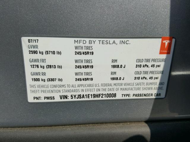 5YJSA1E19HF210008 - 2017 TESLA MODEL S Silber Foto 10