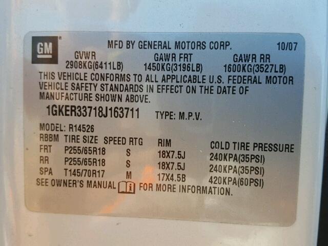 1GKER33718J163711 - 2008 GMC ACADIA SLT თეთრი ფოტო 10