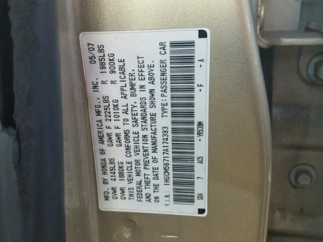 1HGCM56717A174393 - 2007 HONDA ACCORD GOLD photo 10