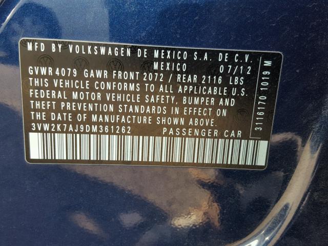 3VW2K7AJ9DM361262 - 2013 VOLKSWAGEN JETTA BASE BLUE photo 10