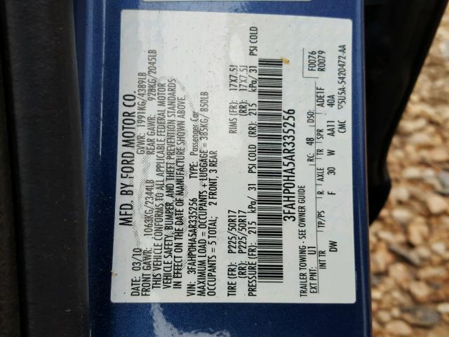 3FAHP0HA5AR335256 - 2010 FORD FUSION BLUE photo 10