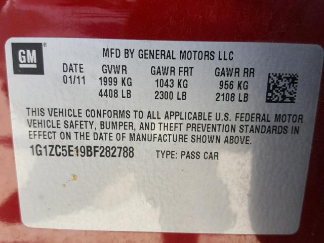 1G1ZC5E19BF282788 - 2011 CHEVROLET MALIBU 1LT მუქწითელი ფოტო 10