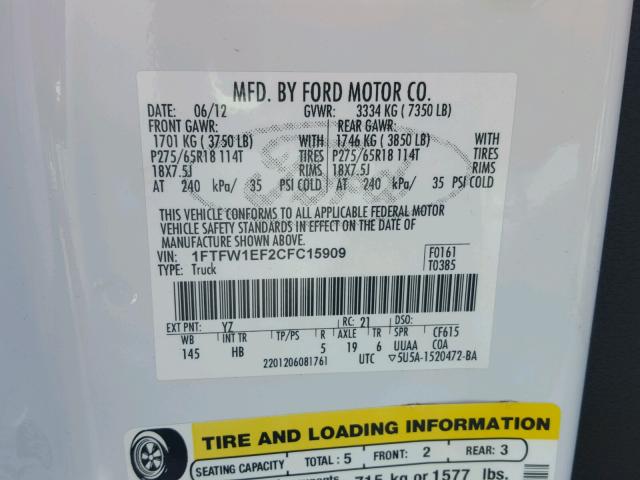 1FTFW1EF2CFC15909 - 2012 FORD F150 SUPER WHITE photo 10