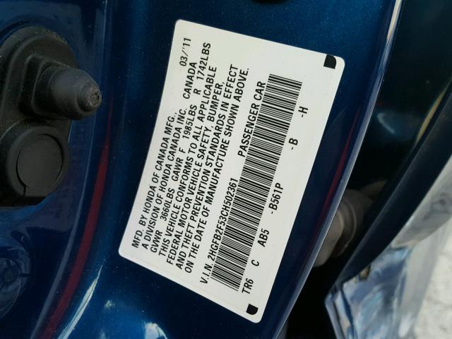 2HGFB2F53CH502361 - 2012 HONDA CIVIC LX BLUE photo 10