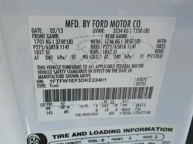 1FTFW1EF3DKE22401 - 2013 FORD F150 SUPER WHITE photo 10