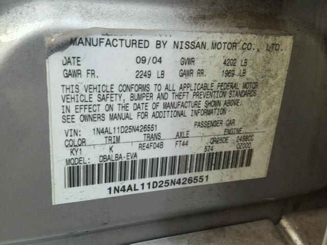 1N4AL11D25N426551 - 2005 NISSAN ALTIMA S SILVER photo 10