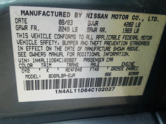 1N4AL11D64C102027 - 2004 NISSAN ALTIMA BAS GREEN photo 10