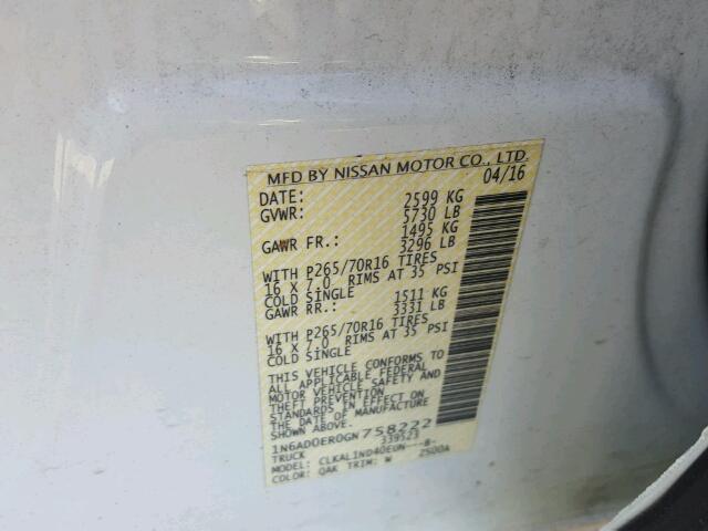 1N6AD0ER0GN758222 - 2016 NISSAN FRONTIER S WHITE photo 10