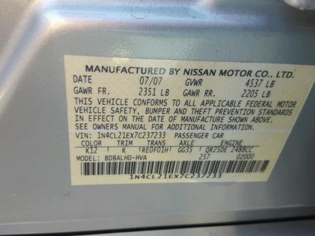 1N4CL21EX7C237233 - 2007 NISSAN ALTIMA HYB GRAY photo 10