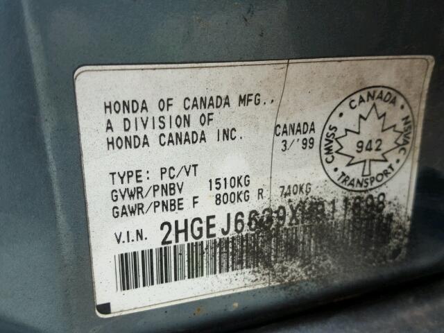 2HGEJ6639XH911698 - 1999 HONDA CIVIC LX BLUE photo 10