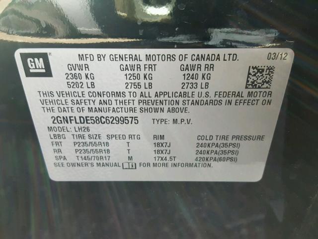 2GNFLDE58C6299575 - 2012 CHEVROLET EQUINOX BLACK photo 10