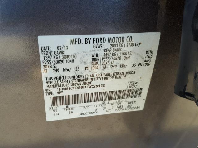 1FM5K7D86DGC28120 - 2013 FORD EXPLORER X CHARCOAL photo 10