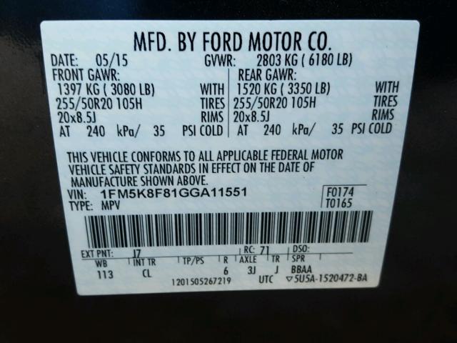 1FM5K8F81GGA11551 - 2016 FORD EXPLORER L GRAY photo 10