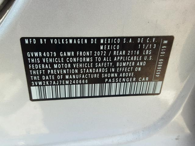 3VW2K7AJ7EM240666 - 2014 VOLKSWAGEN JETTA BASE 银色 照片 10