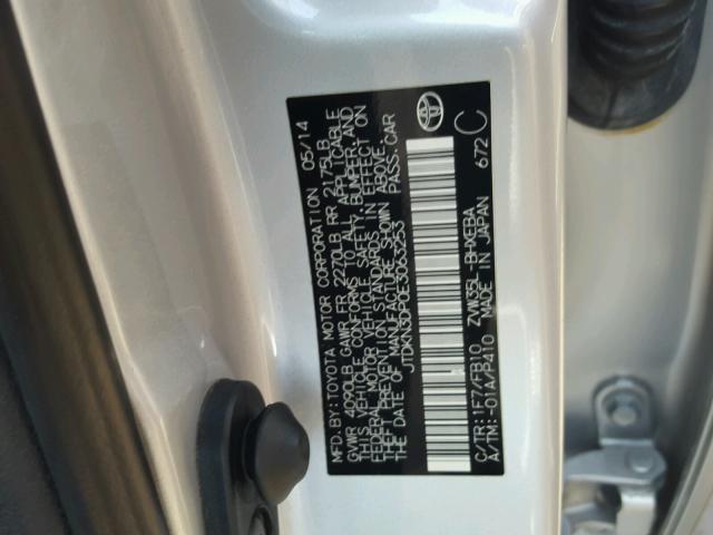 JTDKN3DP0E3063253 - 2014 TOYOTA PRIUS PLUG SILVER photo 10