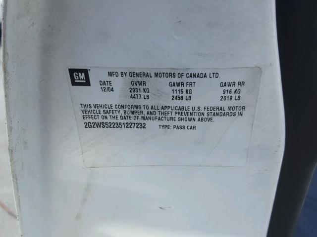 2G2WS522351227232 - 2005 PONTIAC GRAND PRIX WHITE photo 10