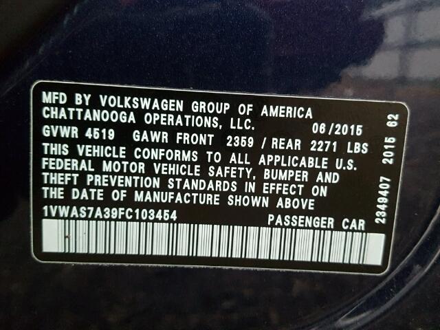 1VWAS7A39FC103454 - 2015 VOLKSWAGEN PASSAT S ლურჯი ფოტო 10
