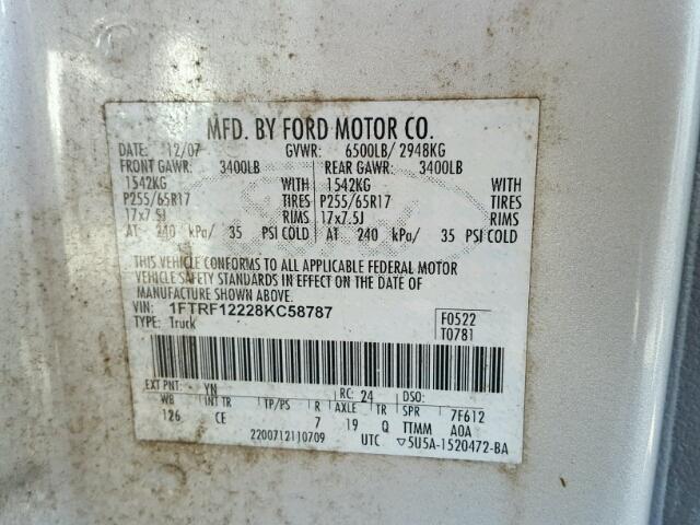 1FTRF12228KC58787 - 2008 FORD F150 SILVER photo 10