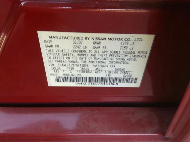 1N4AL21E97N441808 - 2007 NISSAN ALTIMA 2.5 RED photo 10