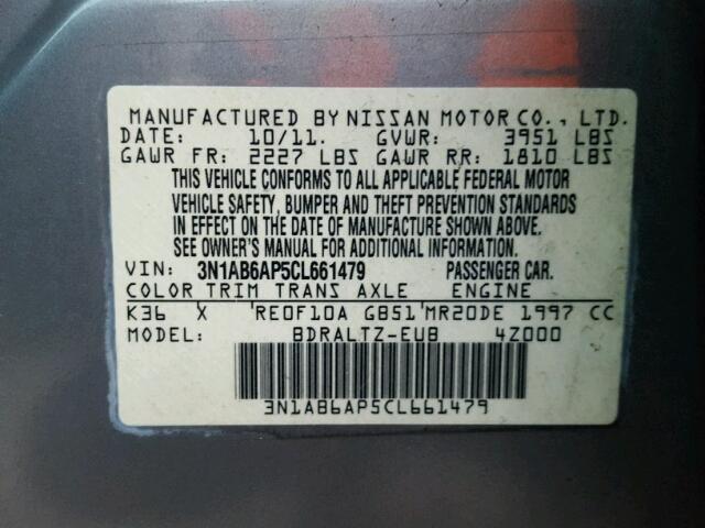 3N1AB6AP5CL661479 - 2012 NISSAN SENTRA 2.0 GRAY photo 10