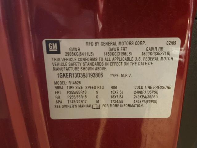 1GKER13D39J193806 - 2009 GMC ACADIA RED photo 10