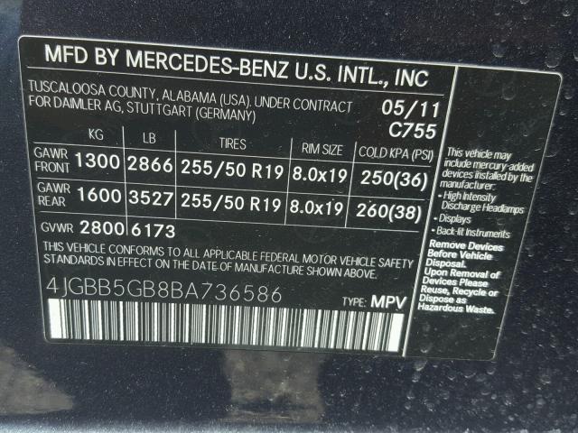 4JGBB5GB8BA736586 - 2011 MERCEDES-BENZ ML 350 BLUE photo 10