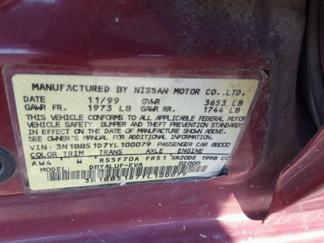 3N1BB51D7YL100079 - 2000 NISSAN SENTRA RED photo 10